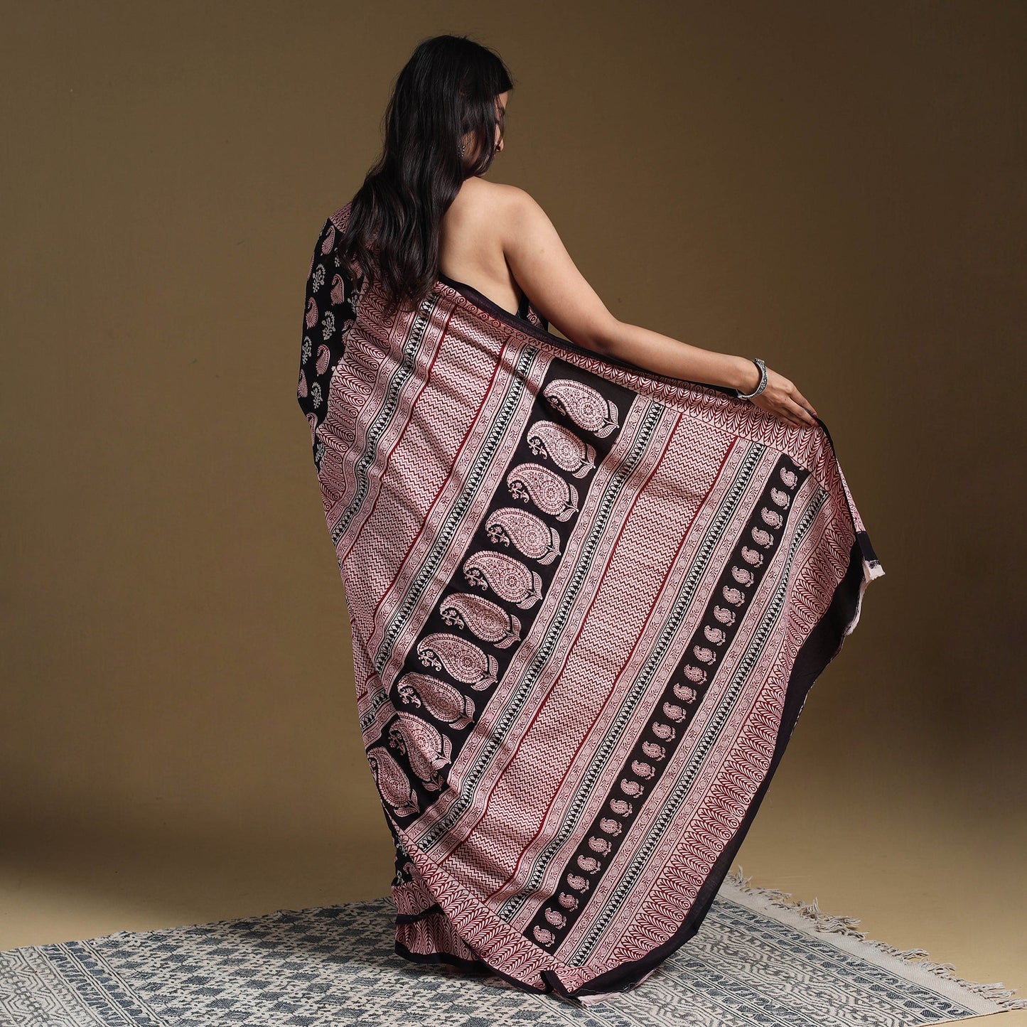 Black Block Print Natural Dyed Cotton Bagh Saree
