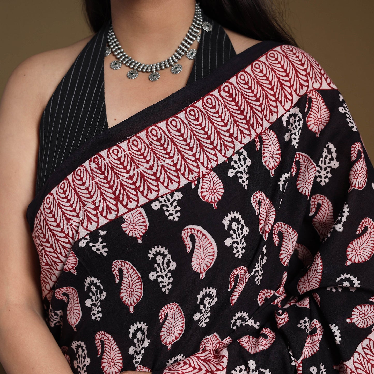 Black Block Print Natural Dyed Cotton Bagh Saree