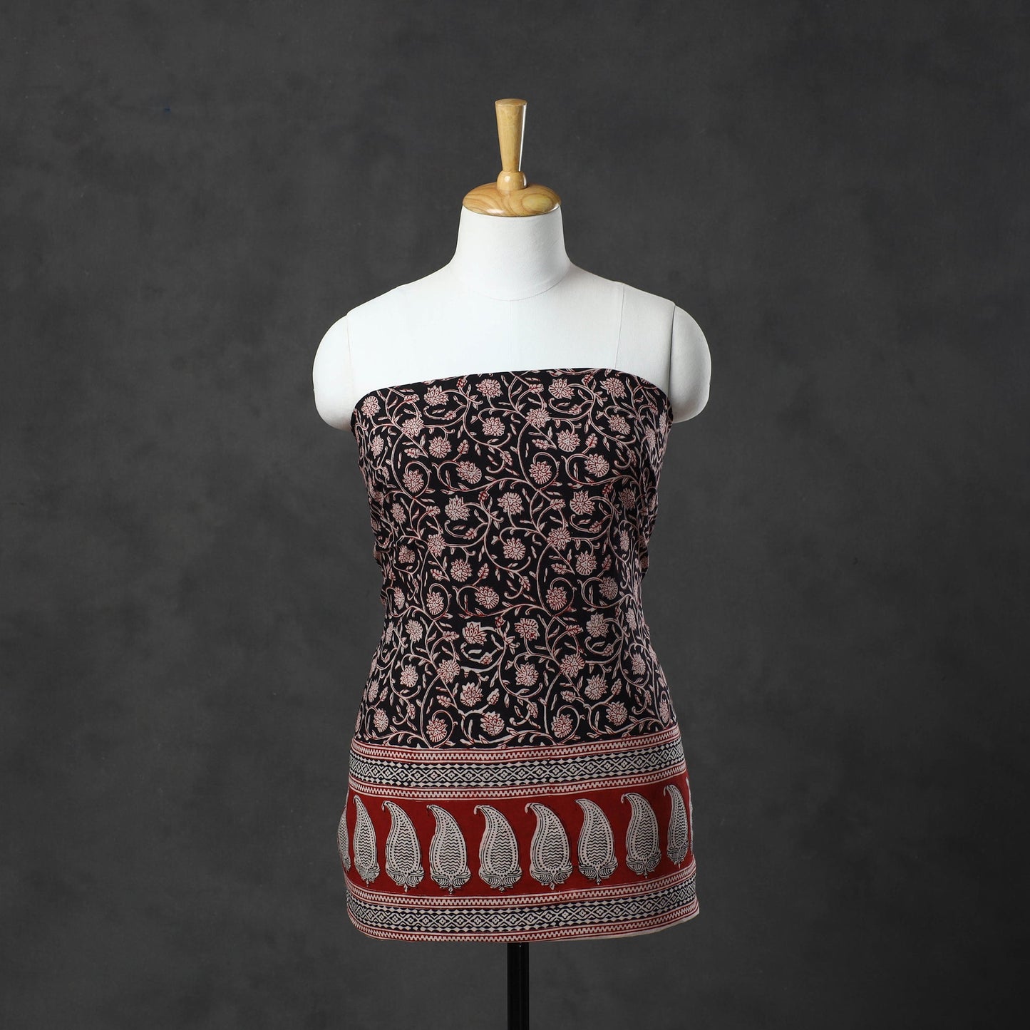  Black Natural Dyed Cotton Bagh Print Kurta Material