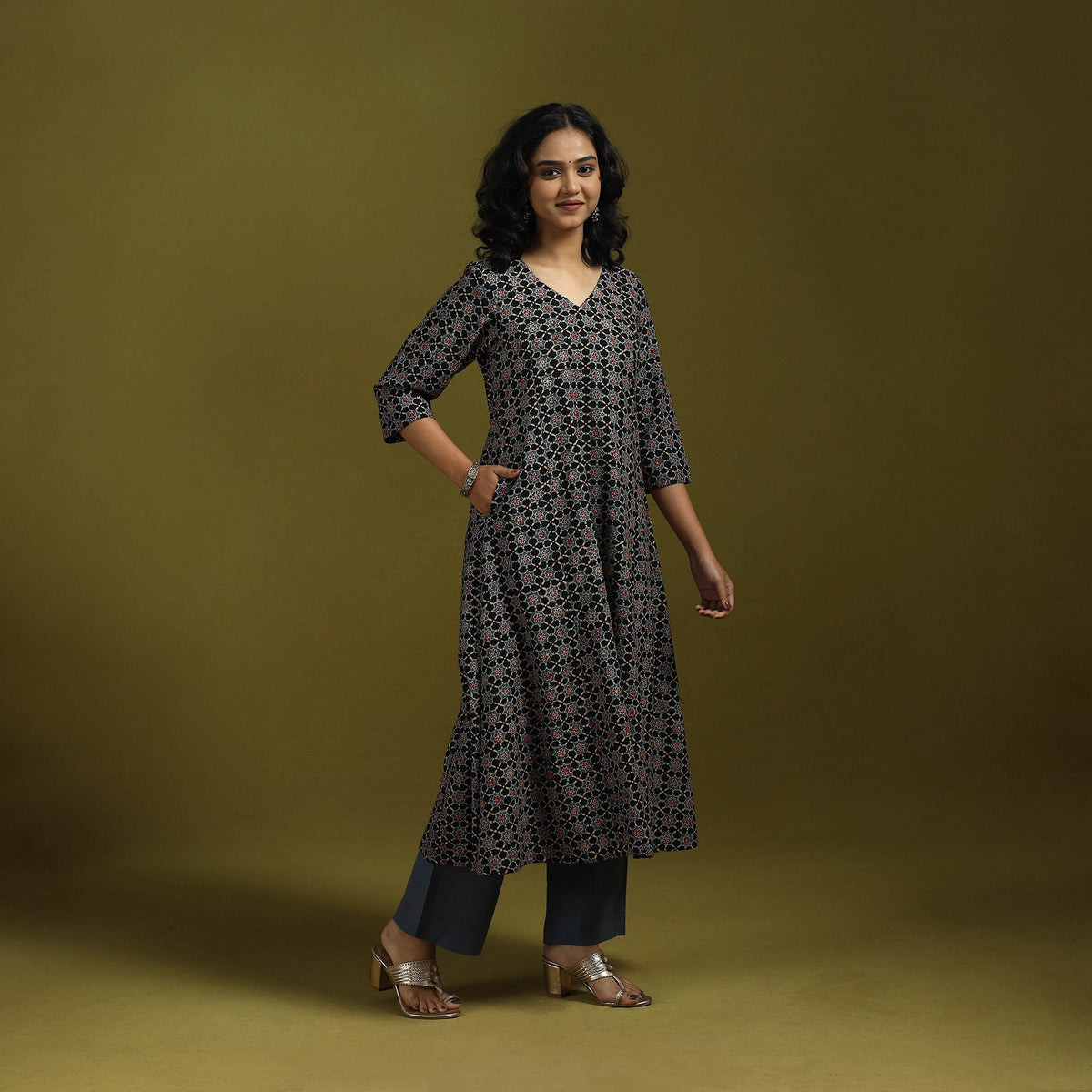 Natural dyed cotton a-line kurta for women 18 - handcrafted