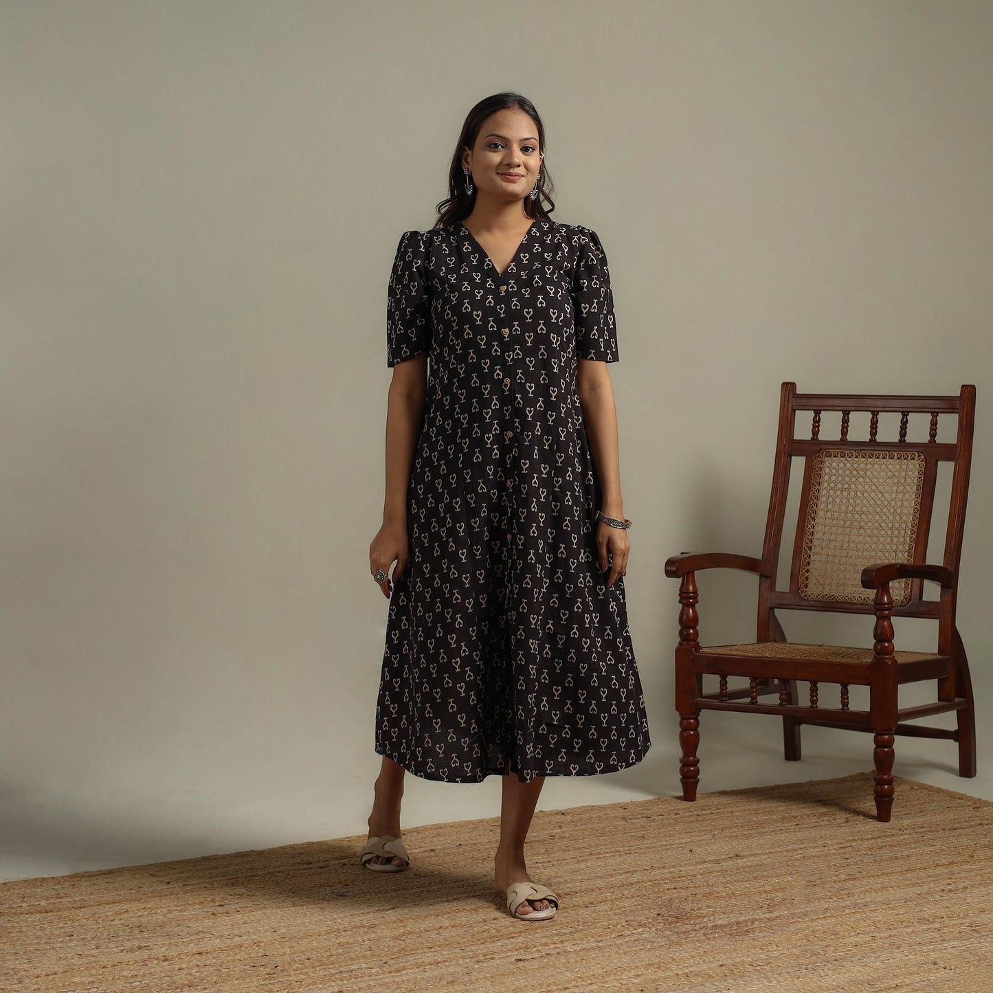 Natural dyed cotton button down dress 04 - handcrafted