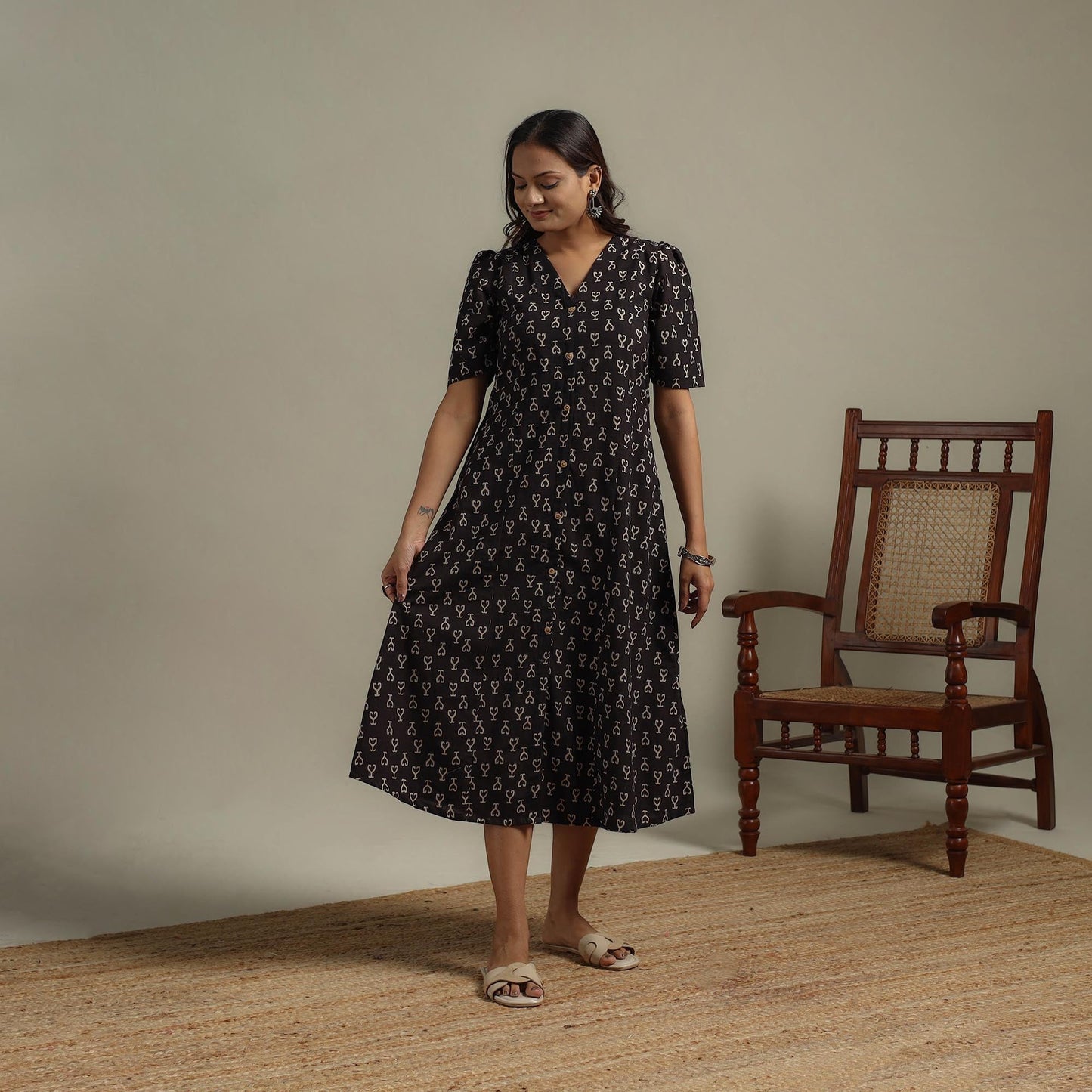 Natural dyed cotton button down dress 04 - handcrafted