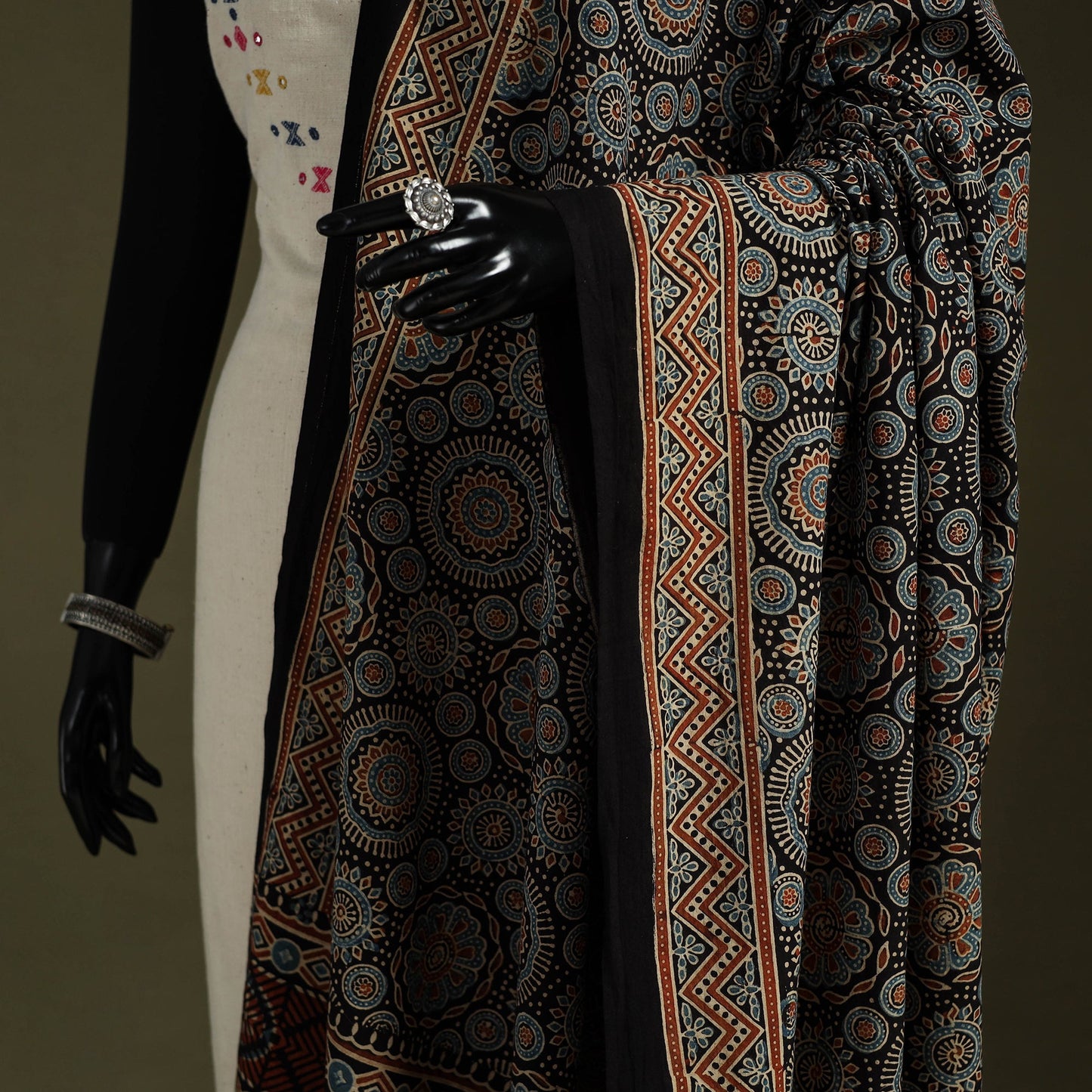 Black Natural Dyed Cotton Block Print Ajrakh Dupatta