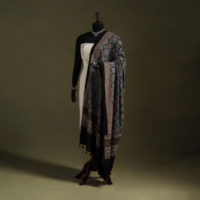 Black Natural Dyed Cotton Block Print Ajrakh Dupatta