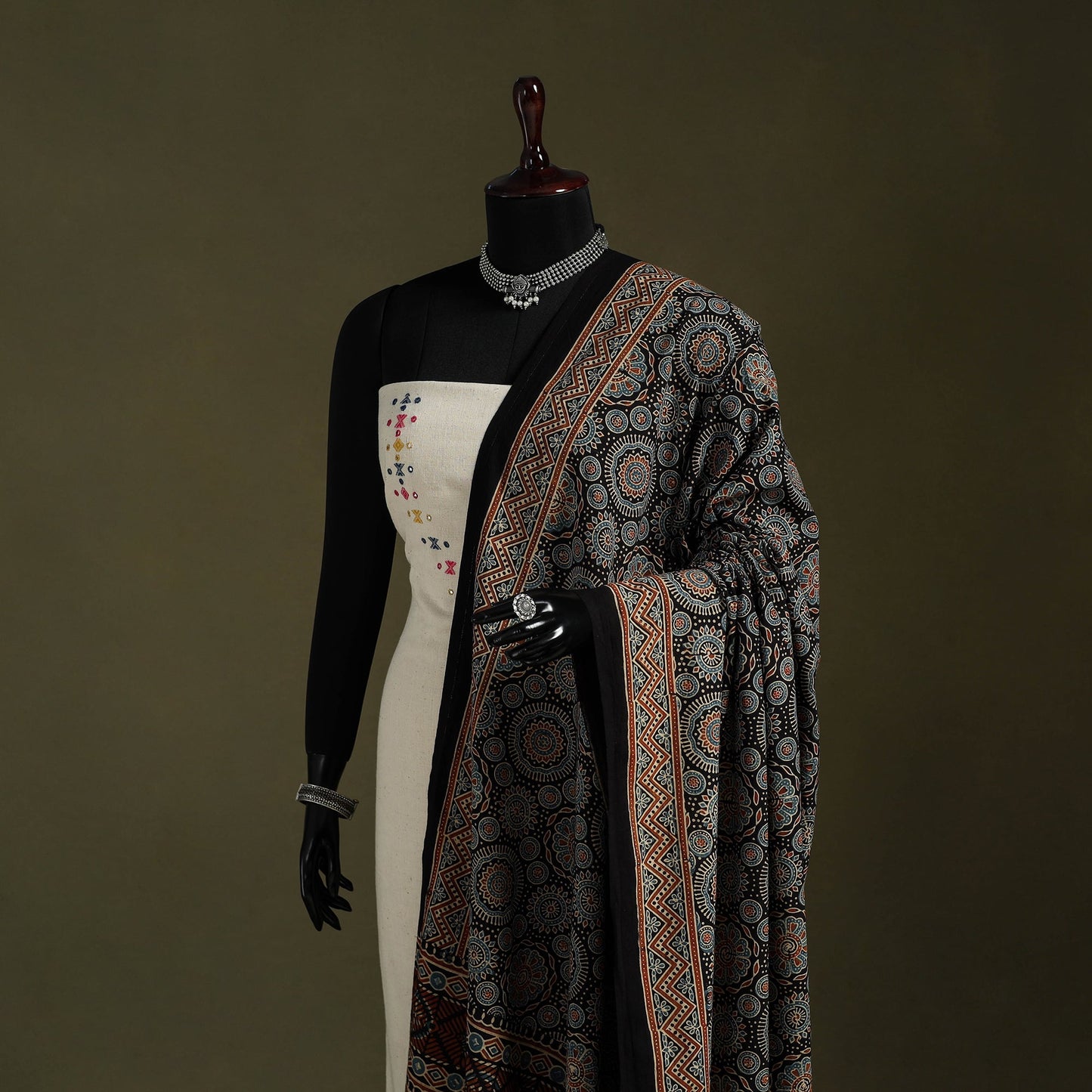 Black Natural Dyed Cotton Block Print Ajrakh Dupatta