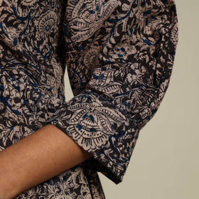 Black Block Print Natural Dyed Cotton Flared Kalamkari Dress