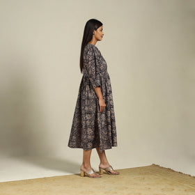 Black Block Print Natural Dyed Cotton Flared Kalamkari Dress