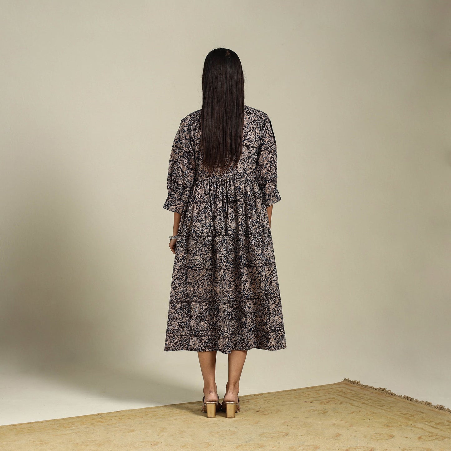 Black Block Print Natural Dyed Cotton Flared Kalamkari Dress