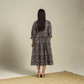 Black Block Print Natural Dyed Cotton Flared Kalamkari Dress