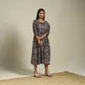 Black Block Print Natural Dyed Cotton Flared Kalamkari Dress