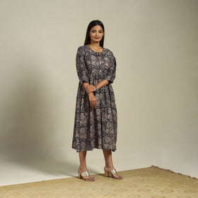 Black Block Print Natural Dyed Cotton Flared Kalamkari Dress