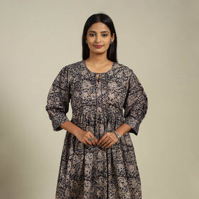 Black Block Print Natural Dyed Cotton Flared Kalamkari Dress