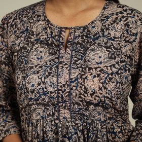 Black Block Print Natural Dyed Cotton Flared Kalamkari Dress