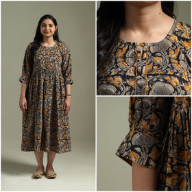 Natural dyed cotton hand block print flared kalamkari dress