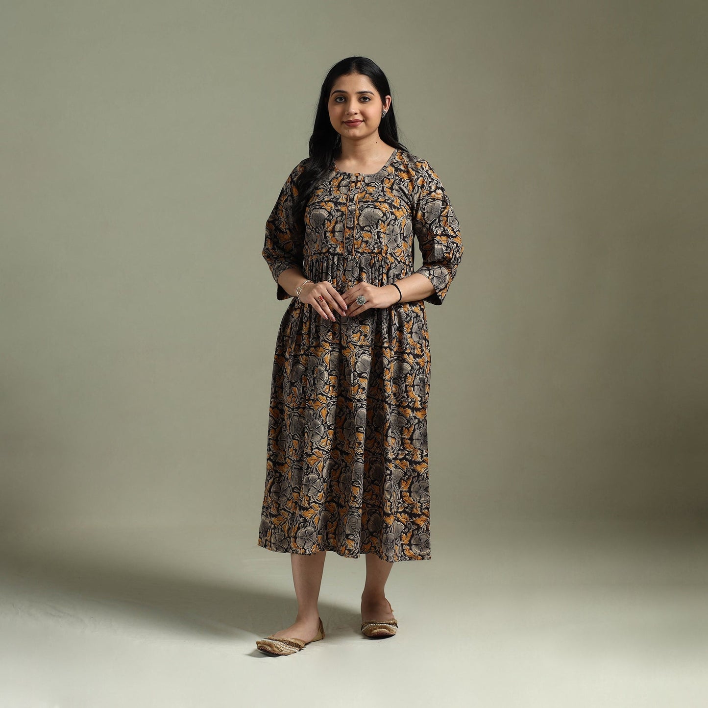 Natural dyed cotton hand block print flared kalamkari dress