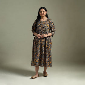 Natural dyed cotton hand block print flared kalamkari dress