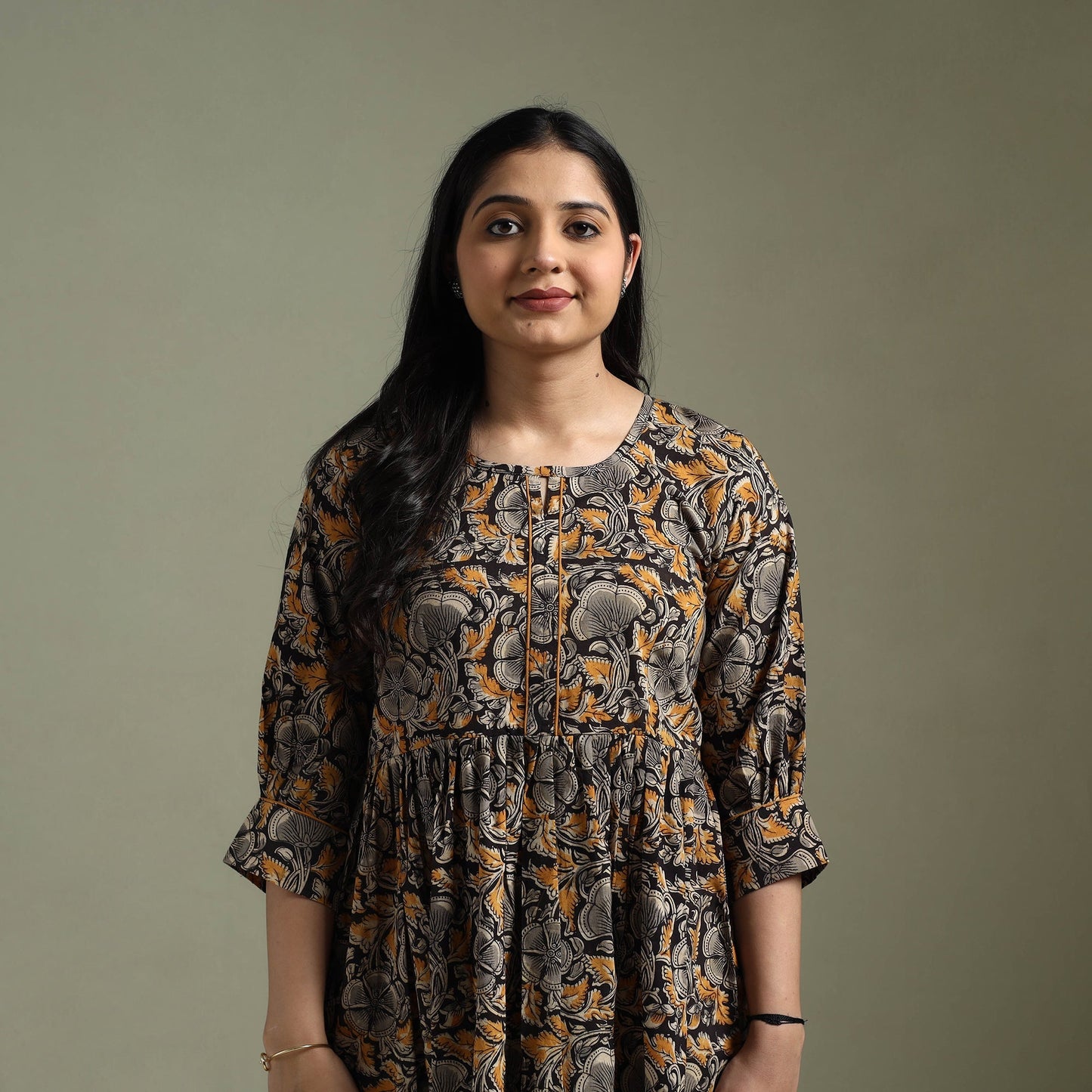 Natural dyed cotton hand block print flared kalamkari dress