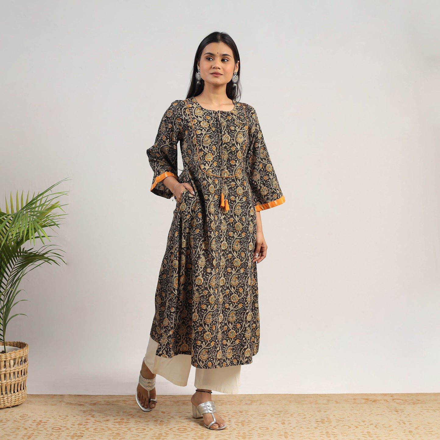Black Natural Dyed Block Print Cotton Kalamkari Kurta for Women