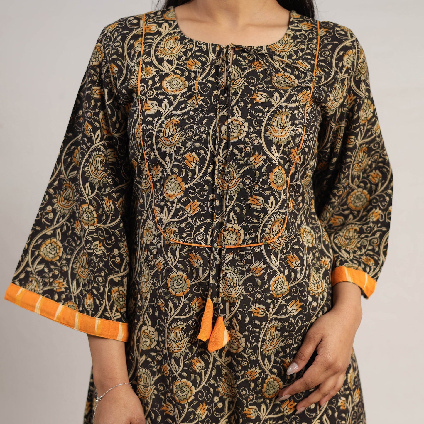 Black Natural Dyed Block Print Cotton Kalamkari Kurta for Women