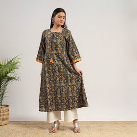 Black Natural Dyed Block Print Cotton Kalamkari Kurta for Women