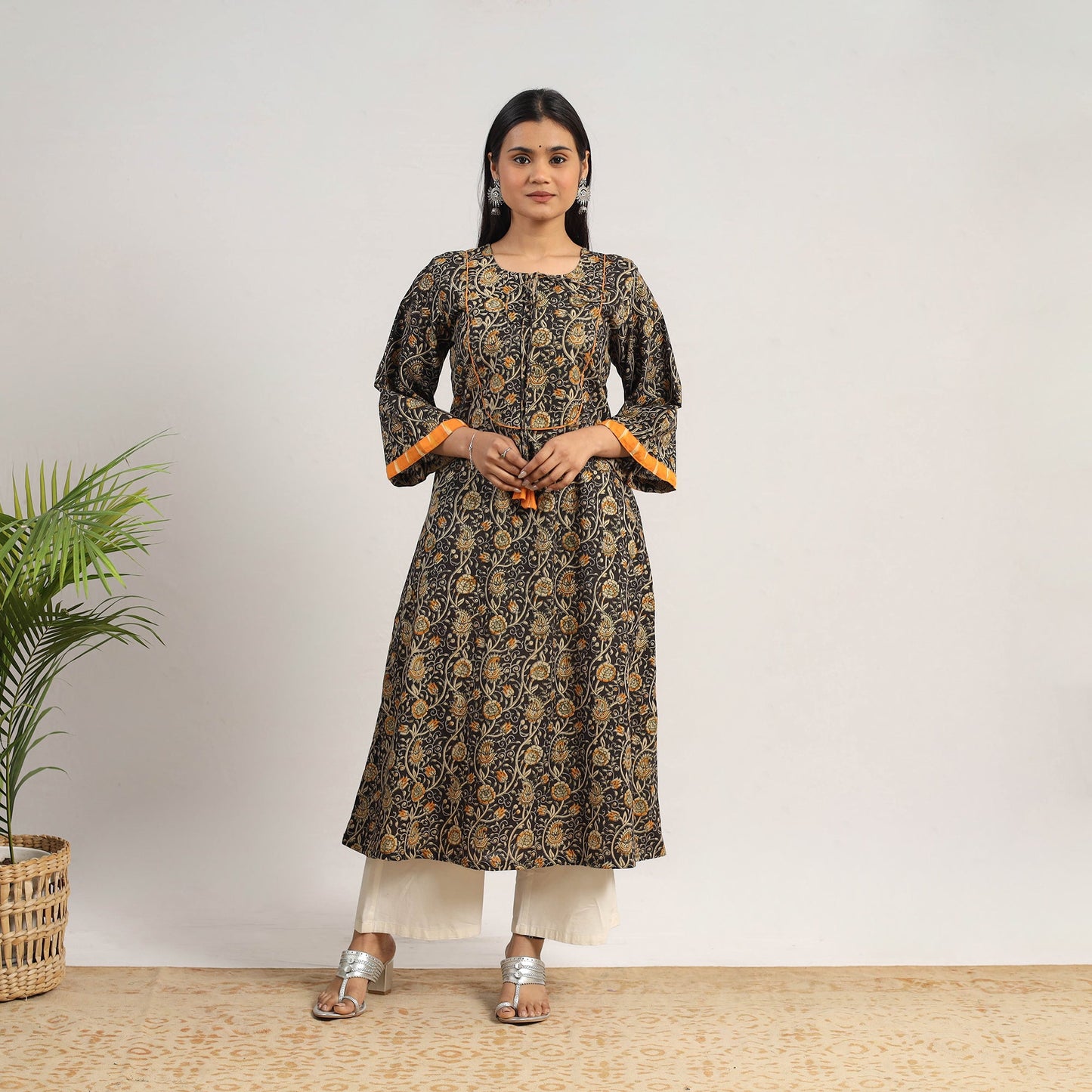 Black Natural Dyed Block Print Cotton Kalamkari Kurta for Women