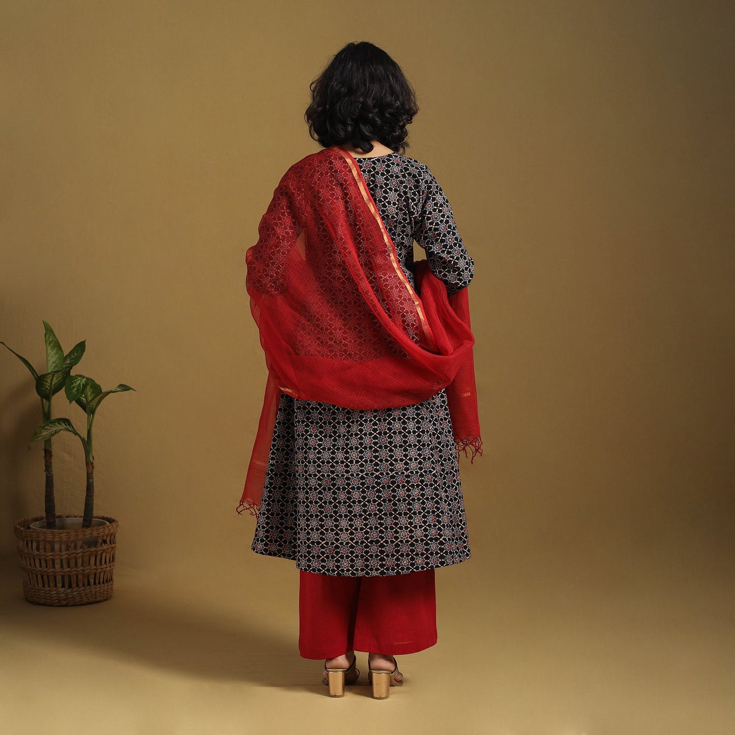 Black Natural Dyed Block Print Cotton Ajrakh Kurta Set (Set of 3)