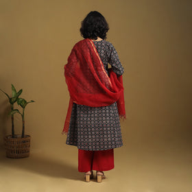 Black Natural Dyed Block Print Cotton Ajrakh Kurta Set (Set of 3)