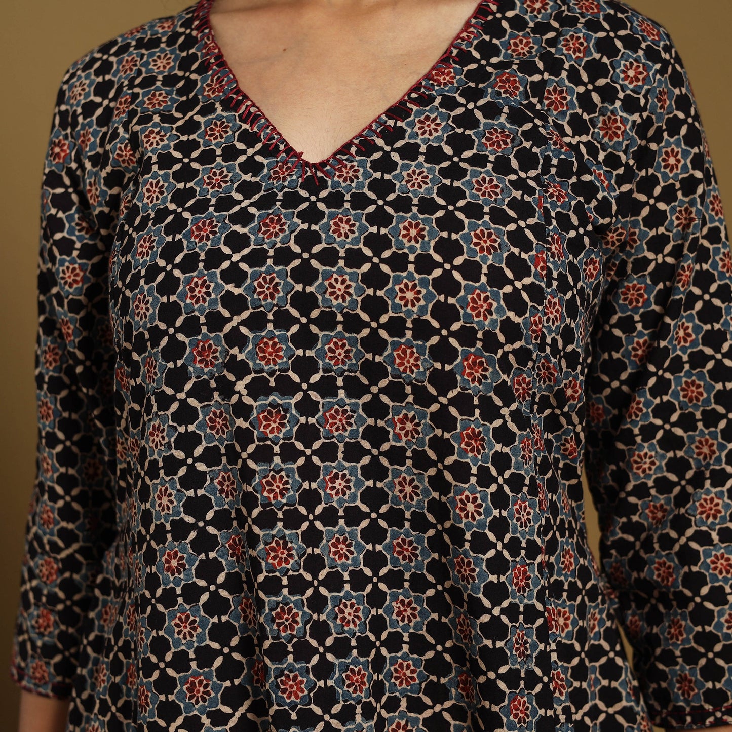 Black Natural Dyed Block Print Cotton Ajrakh Kurta Set (Set of 3)