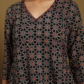 Black Natural Dyed Block Print Cotton Ajrakh Kurta Set (Set of 3)