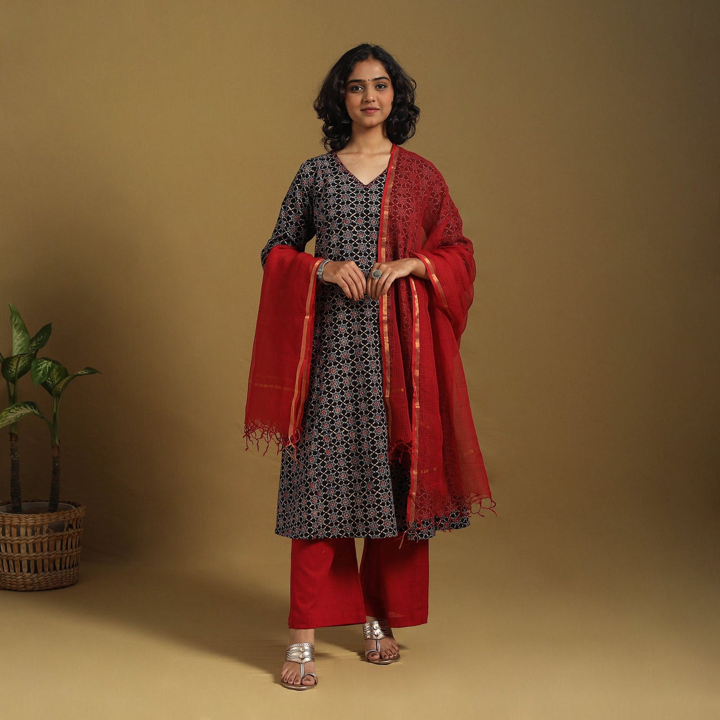 Black Natural Dyed Block Print Cotton Ajrakh Kurta Set (Set of 3)