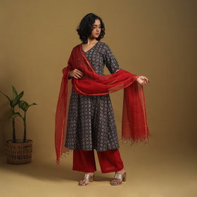 Black Natural Dyed Block Print Cotton Ajrakh Kurta Set (Set of 3)