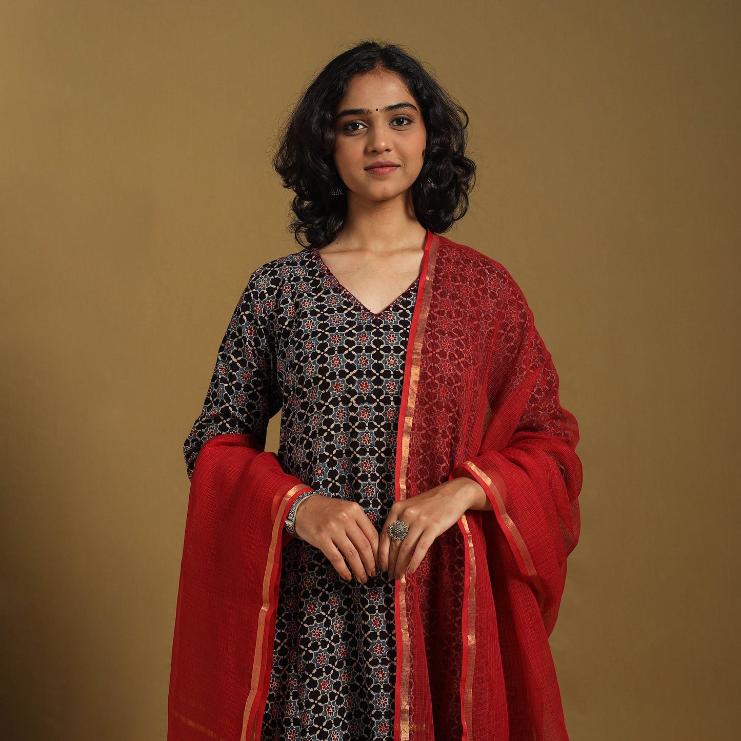 Black Natural Dyed Block Print Cotton Ajrakh Kurta Set (Set of 3)