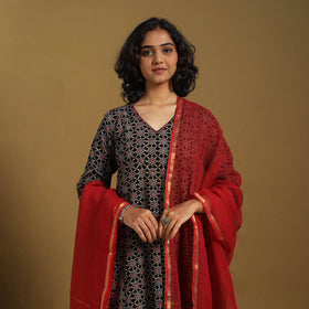 Black Natural Dyed Block Print Cotton Ajrakh Kurta Set (Set of 3)