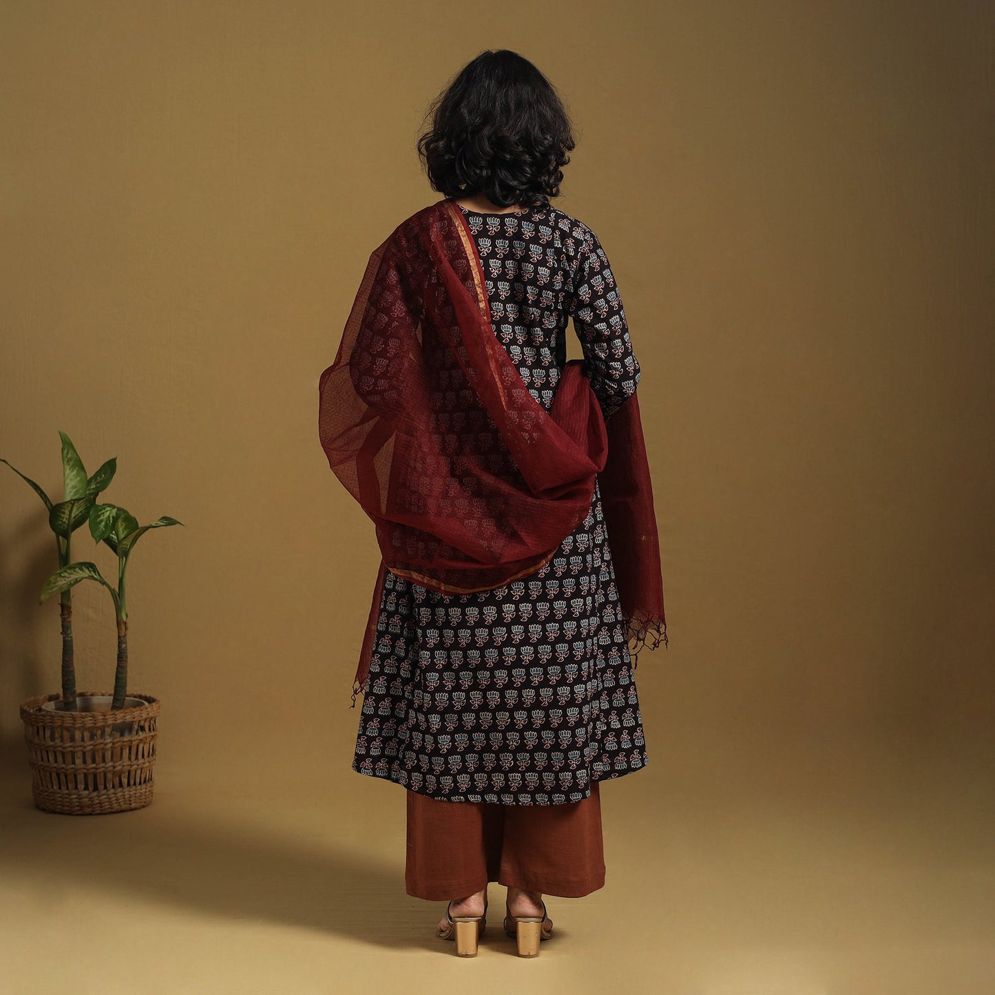 Black Natural Dyed Block Print Cotton Ajrakh Kurta Set (Set of 3)