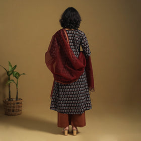 Black Natural Dyed Block Print Cotton Ajrakh Kurta Set (Set of 3)