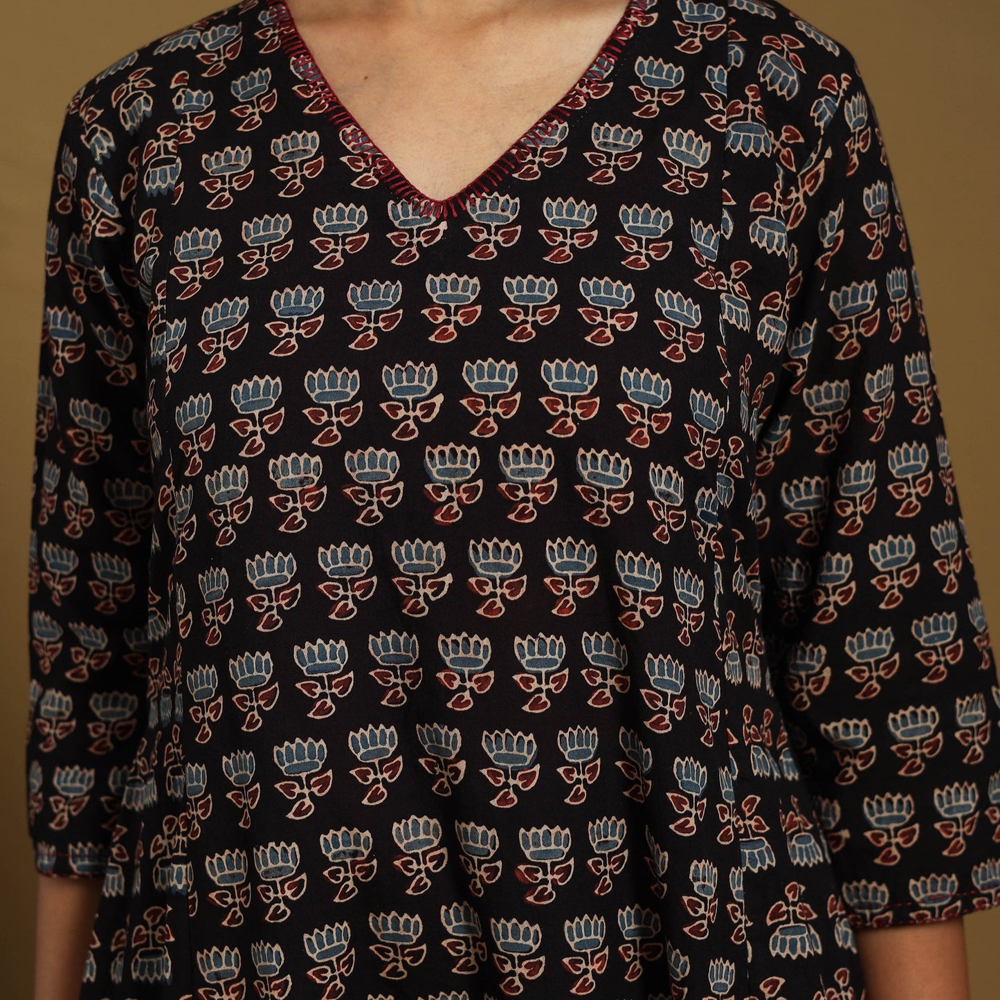 Black Natural Dyed Block Print Cotton Ajrakh Kurta Set (Set of 3)