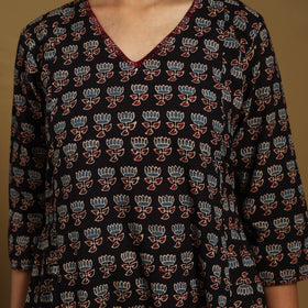 Black Natural Dyed Block Print Cotton Ajrakh Kurta Set (Set of 3)