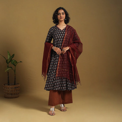 Black Natural Dyed Block Print Cotton Ajrakh Kurta Set (Set of 3)