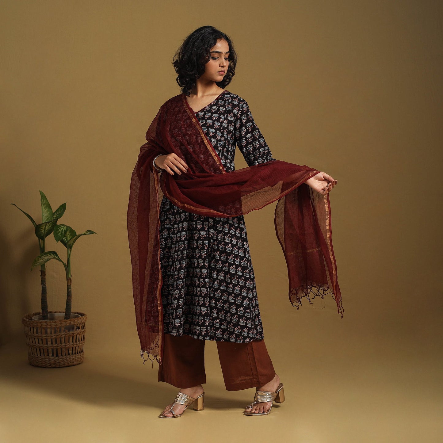 Black Natural Dyed Block Print Cotton Ajrakh Kurta Set (Set of 3)