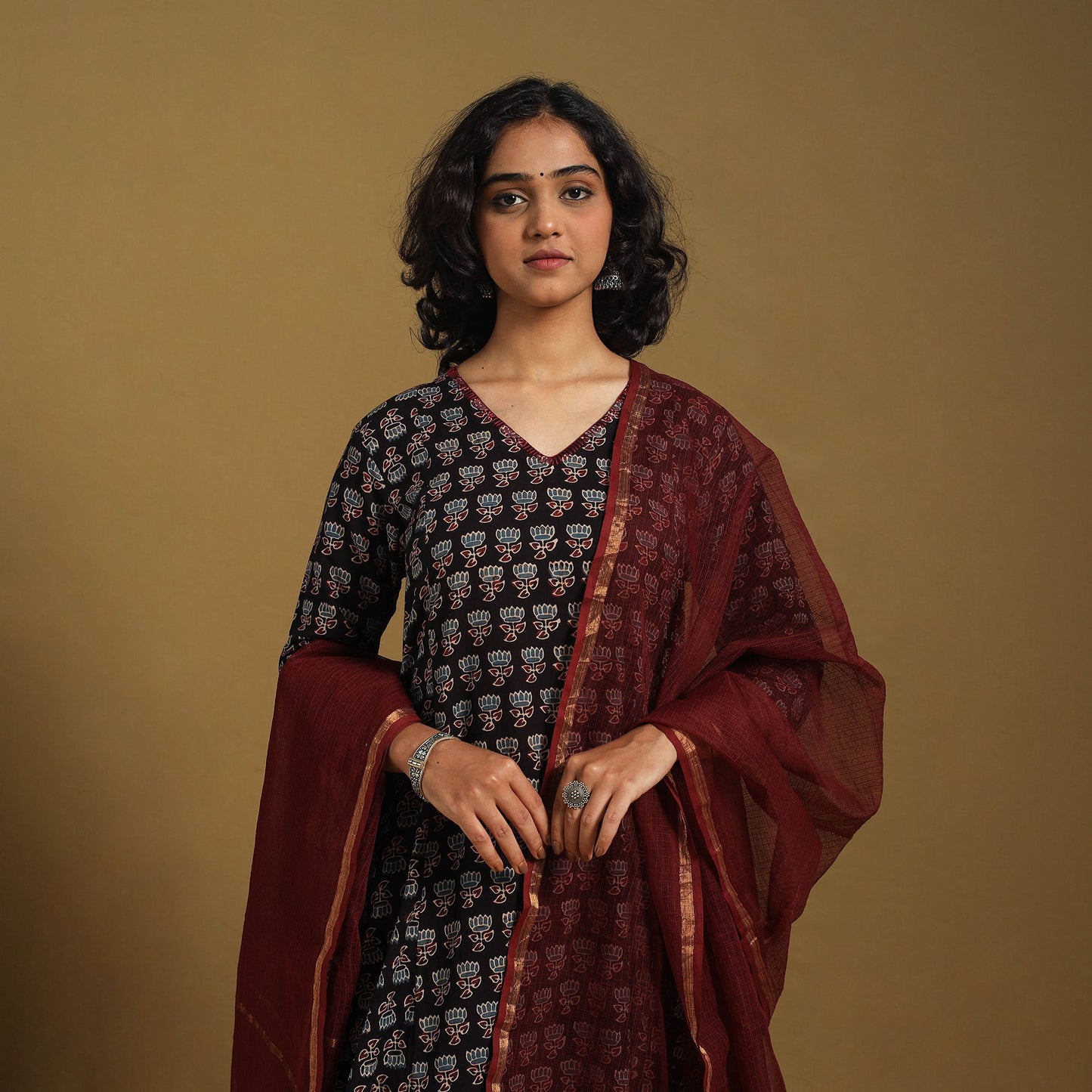 Black Natural Dyed Block Print Cotton Ajrakh Kurta Set (Set of 3)