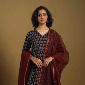 Black Natural Dyed Block Print Cotton Ajrakh Kurta Set (Set of 3)