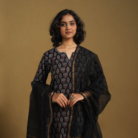 Black Natural Dyed Block Print Cotton Ajrakh Kurta Set (Set of 3)