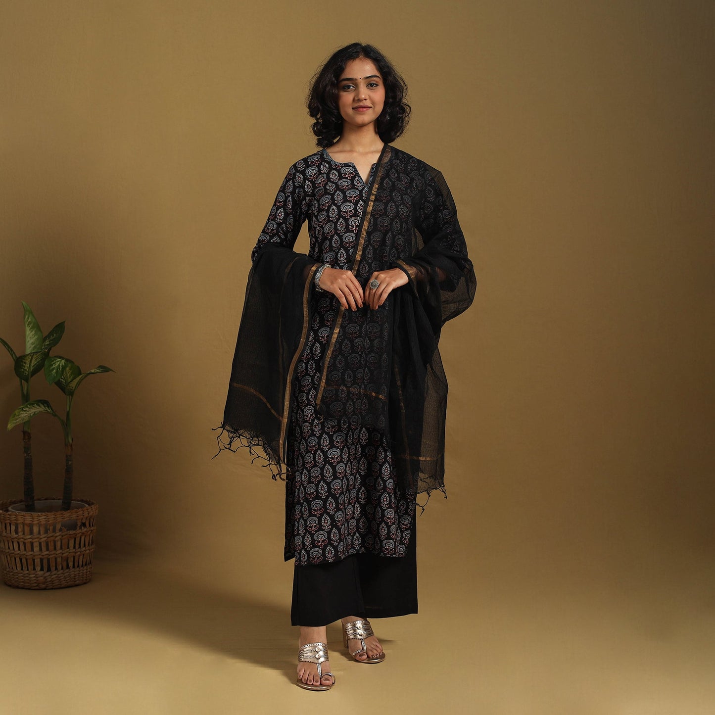 Black Natural Dyed Block Print Cotton Ajrakh Kurta Set (Set of 3)