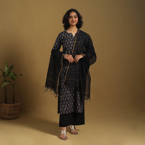 Black Natural Dyed Block Print Cotton Ajrakh Kurta Set (Set of 3)
