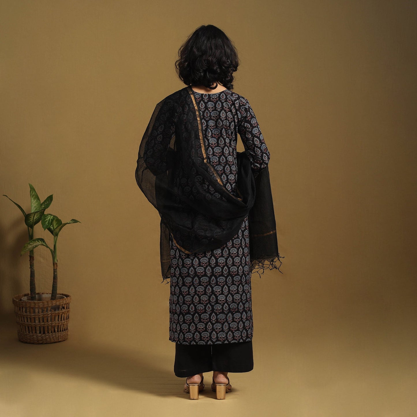 Black Natural Dyed Block Print Cotton Ajrakh Kurta Set (Set of 3)