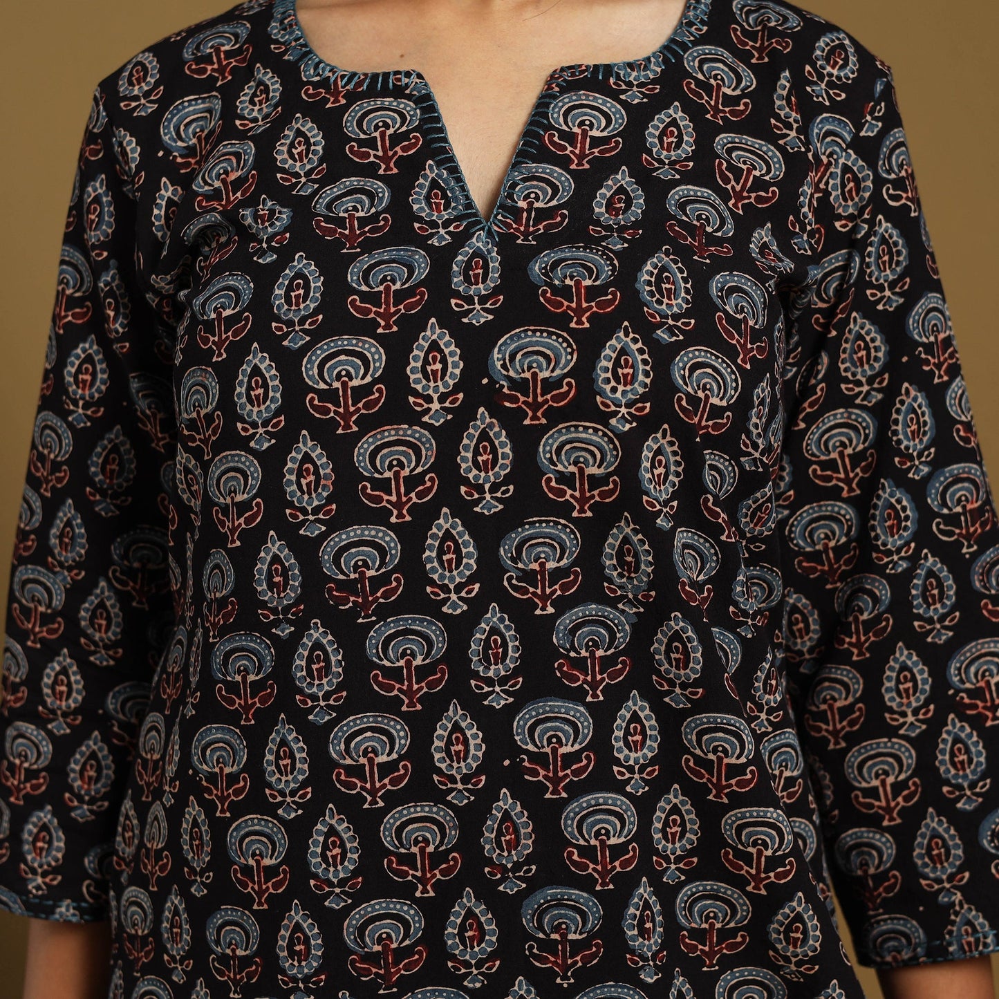 Black Natural Dyed Block Print Cotton Ajrakh Kurta Set (Set of 3)