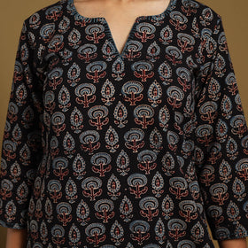 Black Natural Dyed Block Print Cotton Ajrakh Kurta Set (Set of 3)