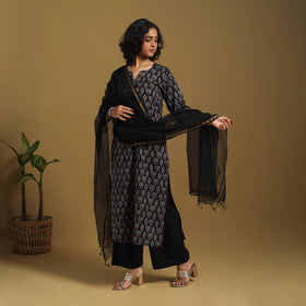 Black Natural Dyed Block Print Cotton Ajrakh Kurta Set (Set of 3)