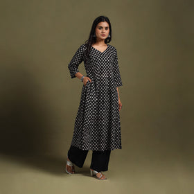 Black Block Print Natural Dyed Cotton A-Line Bagru Kurta