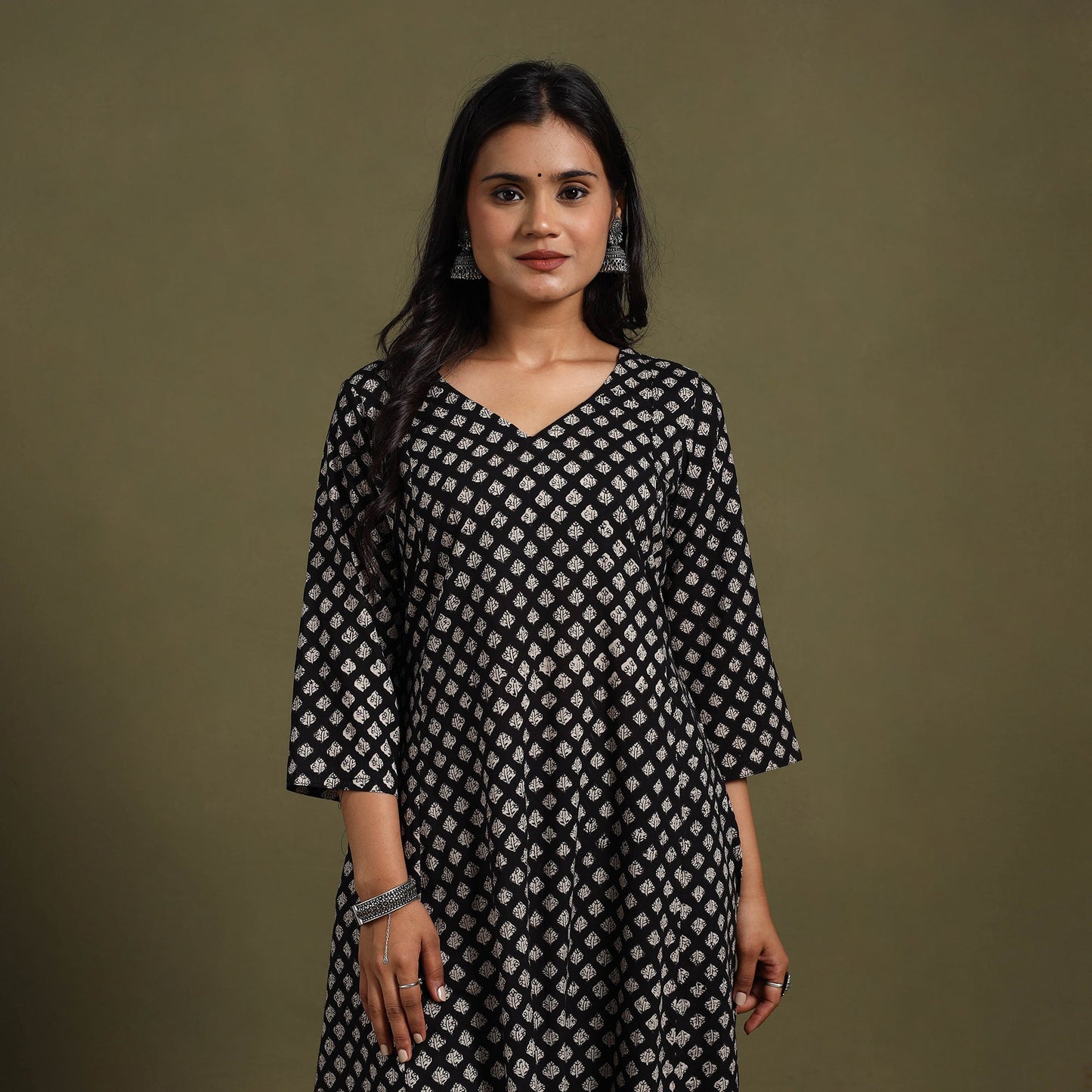 Black Block Print Natural Dyed Cotton A-Line Bagru Kurta